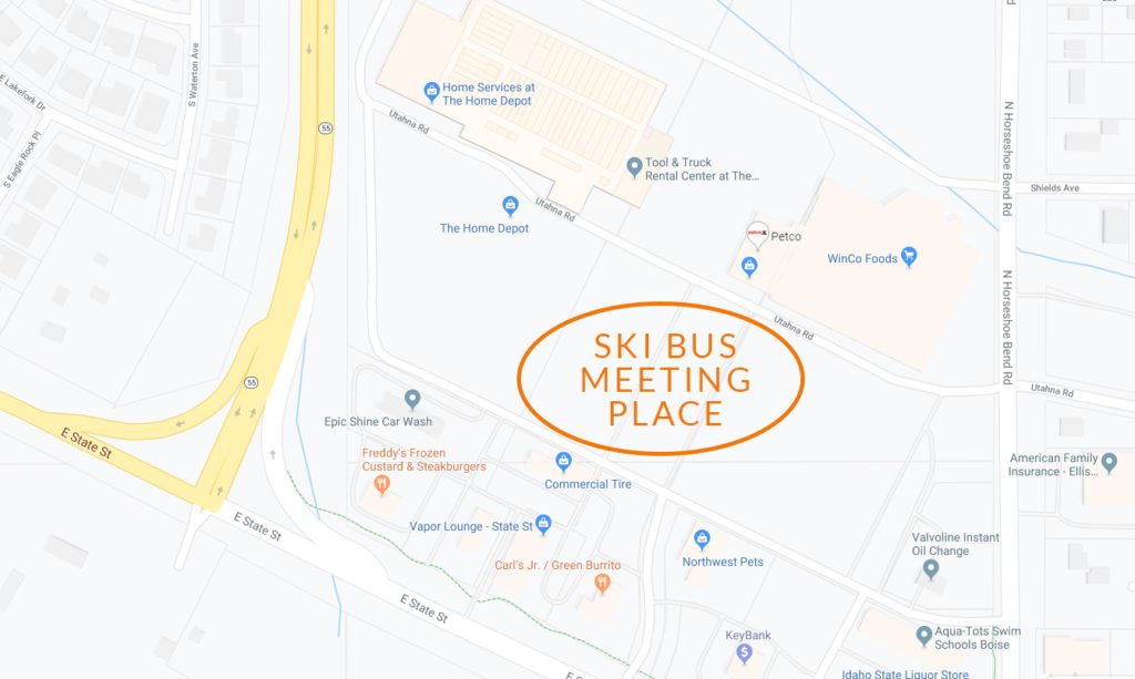 Ski bus meets at the Eagle Promenade Shopping Center between Petsmart and Commercial Tire located at 2948 E. State St, Eagle, ID 83616